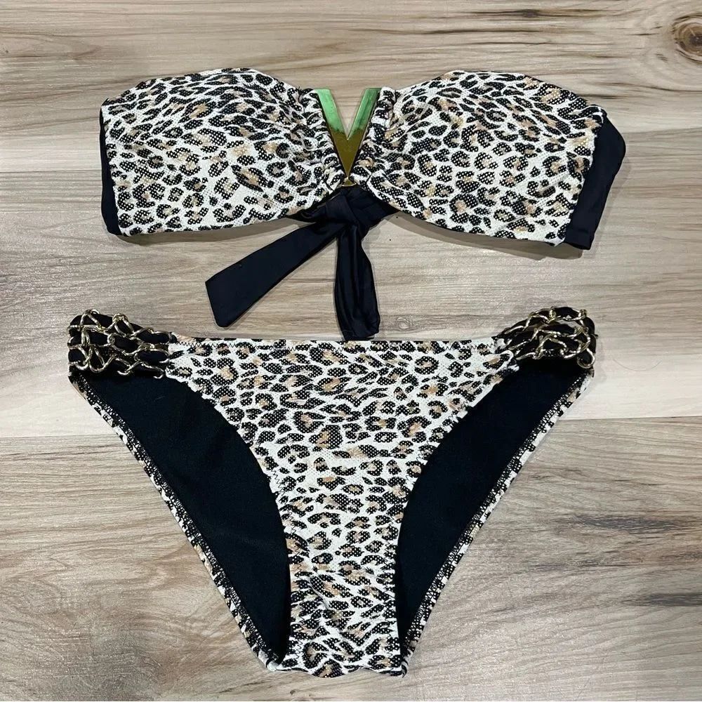 TiniBikini Leopard Shiny Gold Strapless Two Piece Bikini Swimwear Women’s Medium
